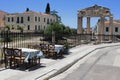 Empty chairs and tables of a traditional restaurant in the touristic district of Plaka Royalty Free Stock Photo