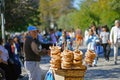 GREECE, ATHENS - OCTOBER 07, 2018 Donut seller, koulourakia, on the street