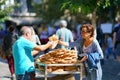 GREECE, ATHENS - OCTOBER 07, 2018 Donut seller, koulourakia, on the street in Plaka district