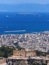 Greece, Athens panoramic view with Parthenon temple on acropolis hill, Plaka old neighborhood and Saronic golf Royalty Free Stock Photo