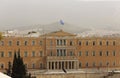 Greece, Athens pollution. Unhealthy grey smog over parliament at Syntagma. Sky, hill and town background.