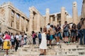 Greece, Athens September 27, 2023. Ancient temple Parthenon on the Acropolis and tourists