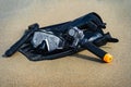 Greece, Athens September 27, 2023. Snorkeling equipment, snorkel, diving mask, fins and dji osmo 4 action camera on the sand on Royalty Free Stock Photo