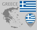 Greece  flag, blank map and map pointer Royalty Free Stock Photo