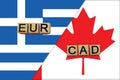 Greece and Canada currencies codes on national flags background