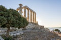 Greece Cape Sounio. Ruins of an ancient temple of Poseidon, the Greek god of the sea, on sunset Royalty Free Stock Photo