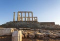 Greece Cape Sounio. Ruins of an ancient temple of Poseidon, the Greek god of the sea, on sunset Royalty Free Stock Photo