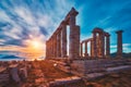 Poseidon temple ruins on Cape Sounio on sunset, Greece Royalty Free Stock Photo