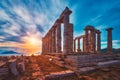 Poseidon temple ruins on Cape Sounio on sunset, Greece