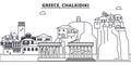 Greece, Chalkidiki line skyline vector illustration. Greece, Chalkidiki linear cityscape with famous landmarks, city
