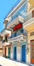 Greece, Chios, Pyrgi, red tomatoes under a blue white balcony