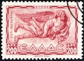 GREECE - CIRCA 1943: A stamp printed in Greece from the `Airmail - Greek Mythology. Winds` issue shows Evros South-east wind