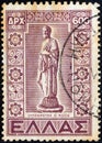 GREECE - CIRCA 1947: A stamp printed in Greece, from the ``Dodecanese integration` issue shows statue of Hippocrates, circa 1947. Royalty Free Stock Photo