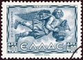 GREECE - CIRCA 1943: A stamp printed in Greece from the `Airmail - Greek Mythology. Winds` issue shows Skiron North-west wind