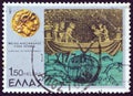 GREECE - CIRCA 1977: A stamp printed in Greece from the ``Alexander the Great` issue shows the legend of bathyscaphe, circa 1977. Royalty Free Stock Photo