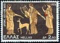 GREECE - CIRCA 1974: A stamp printed in Greece from the `Greek Mythology 3rd series` issue shows Artemis, Apollo and Leto vase