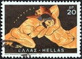 GREECE - CIRCA 1970: A stamp printed in Greece shows Hercules and Antaeus, circa 1970.