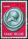 GREECE - CIRCA 1969: A stamp printed in Greece issued for the 20th anniversary of NATO alliance shows ancient Coin of Kamarinai
