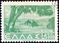 GREECE - CIRCA 1942: A stamp printed in Greece from the `Landscapes` issue shows Pontikonissi, Corfu, circa 1942.