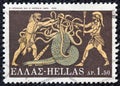 GREECE - CIRCA 1970: A stamp printed in Greece shows Hercules killing Lernaean Hydra, circa 1970.