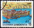 GREECE - CIRCA 1990: A stamp printed in Greece shows a view of Chios town, Chios island, circa 1990.