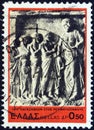 GREECE - CIRCA 1977: A stamp printed in Greece shows patients visiting Asclepius relief, circa 1977.