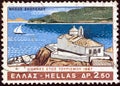 GREECE - CIRCA 1967: A stamp printed in Greece from the `International Tourist Year` issue shows island of Skopelos, circa 1967.