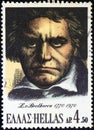 GREECE - CIRCA 1970: A stamp printed in Greece issued for his birth bicentenary shows Ludwig van Beethoven, circa 1970.