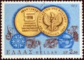 GREECE - CIRCA 1972: A stamp printed in Greece issued for the 5th anniversary of 1967 coup d`etat shows commemorative medal