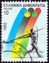 GREECE - CIRCA 1992: A stamp printed in Greece from the `Olympic Games, Barcelona` issue shows javelin throw, circa 1992.