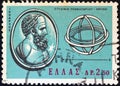 GREECE - CIRCA 1965: A stamp printed in Greece shows ancient Greek astronomer Hipparchos and his astrolabe, circa 1965.