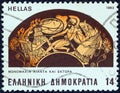 GREECE - CIRCA 1983: A stamp printed in Greece shows a battle between Ajax and Hector dish, circa