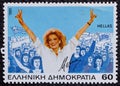 GREECE - CIRCA 1995: A stamp printed in Greece shows famous actress, singer and politician Melina Merkouri, circa 1995.