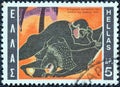 GREECE - CIRCA 1970: A stamp printed in Greece shows Hercules slaying the Nemean lion, circa 1970. Royalty Free Stock Photo