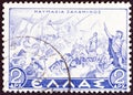 GREECE - CIRCA 1937: A stamp printed in Greece shows the Naval Battle of Salamis, circa 1937. Royalty Free Stock Photo