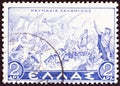 GREECE - CIRCA 1937: A stamp printed in Greece shows the Naval Battle of Salamis, circa 1937.