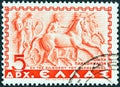 GREECE - CIRCA 1937: A stamp printed in Greece shows Panathenaic chariot, Parthenon frieze, circa 1937.