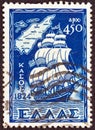 GREECE - CIRCA 1947: A stamp printed in Greece shows a sailing ship and a map of Kasos island, Dodecanese, circa 1947. Royalty Free Stock Photo