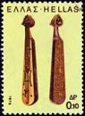 GREECE - CIRCA 1975: A stamp printed in Greece from the ``traditional musical instruments` issue shows a Pontian lyra, circa 1975.