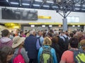 Greece, Corfu,Kerkyra town, September 29, 2018: People waiting in long qeue at check-in counter in Corfu airport, big Royalty Free Stock Photo