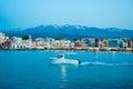 Greece, Crete, Chania Xania view to the port and boat in blue Royalty Free Stock Photo