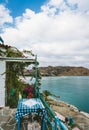 Greece Crete. Restaurant with served table in seafront of sea view island with breathtaking, amazing and unbelievable