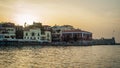 Greece, Crete, sunset in Chania Xania evening light to city ha Royalty Free Stock Photo
