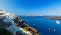 Greece. Cyclades Islands - Santorini Thira town with typical Cycladic architecture and view on the Caldera, Bay and Royalty Free Stock Photo