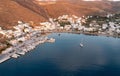 Kythnos island, Greece. Merihas port aerial drone view at sunset