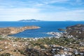 Serifos island, Greece, Cyclades, aerial drone view of Livadi and port Royalty Free Stock Photo