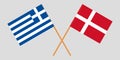 Greece and Denmark. Crossed Greek and Danish flags. Official colors. Correct proportion. Vector