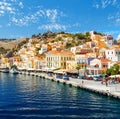 Greece. Dodecanesse. Island Symi Simi . Colorful houses on the rocks