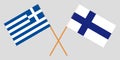 Greece and Finland. Crossed Greek and Finnish flags. Official colors. Correct proportion. Vector