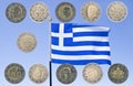 Greece flag and commemorative 2 euro coins